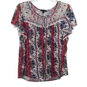 SIGNATURE STUDIO SHORT SLV PULL-OVER RND NECK, WOMENS, 22/24-RED WHITE BLUE FLOR